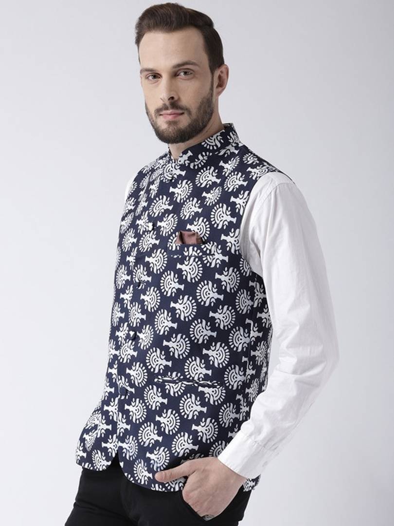 Men's Navy Blue Viscose
 Printed Nehru Jackets